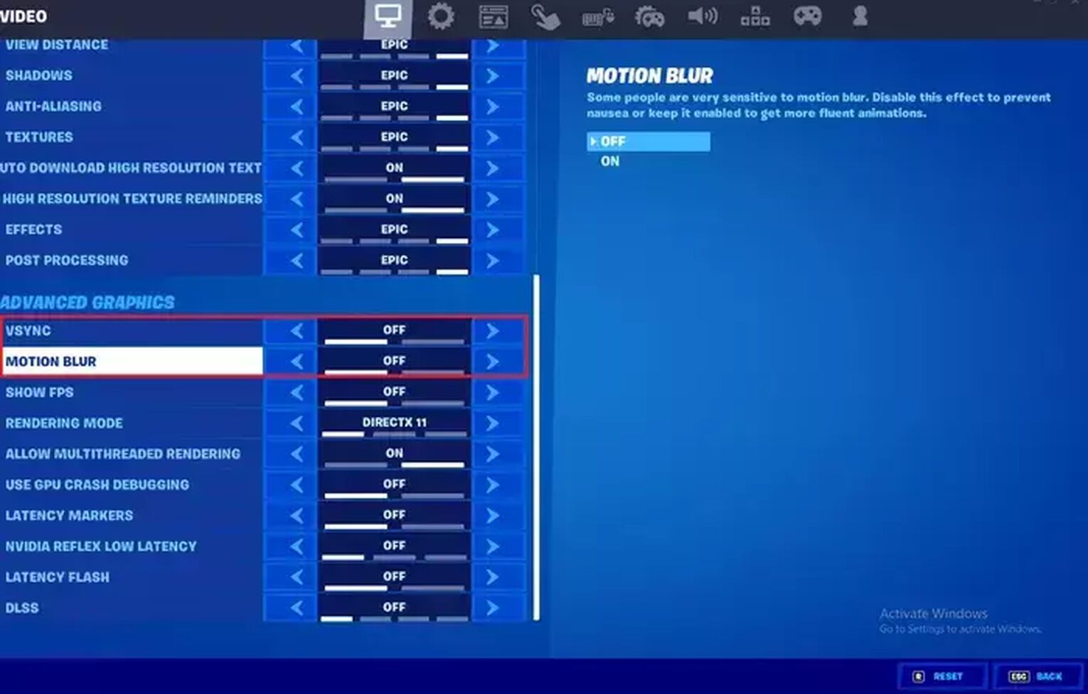 Fortnite Motion Blur Settings on Console to fix Skins Not Loading