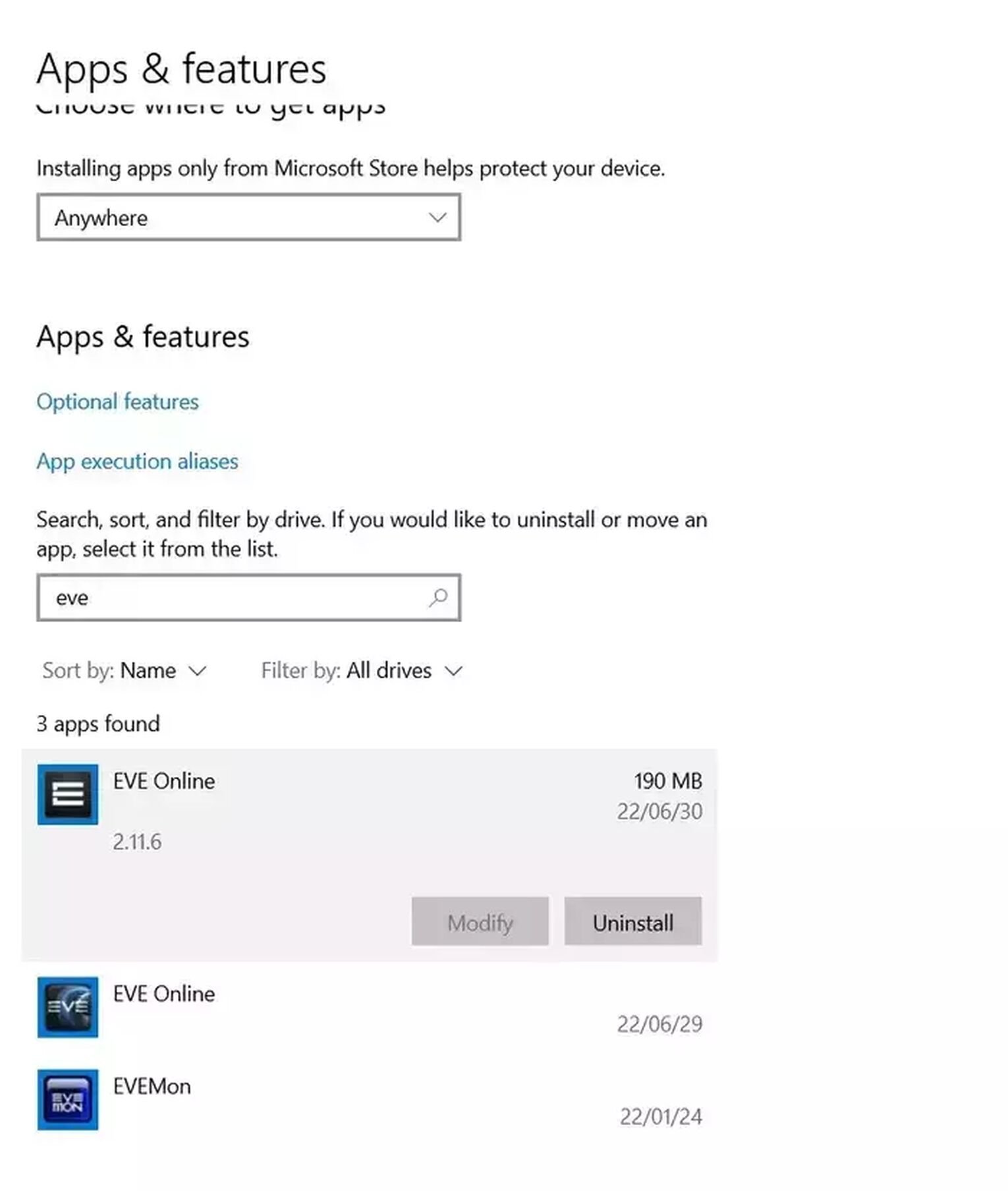 Uninstalling Eve Online Apps and Features Page on the Windows Operating System