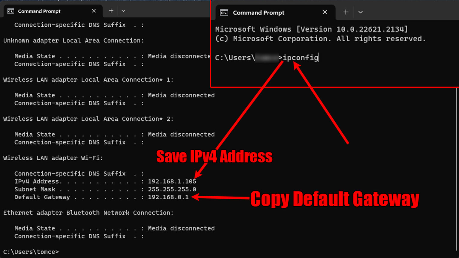 Router IPConfig Copy Default Gateway and IPv4 Address