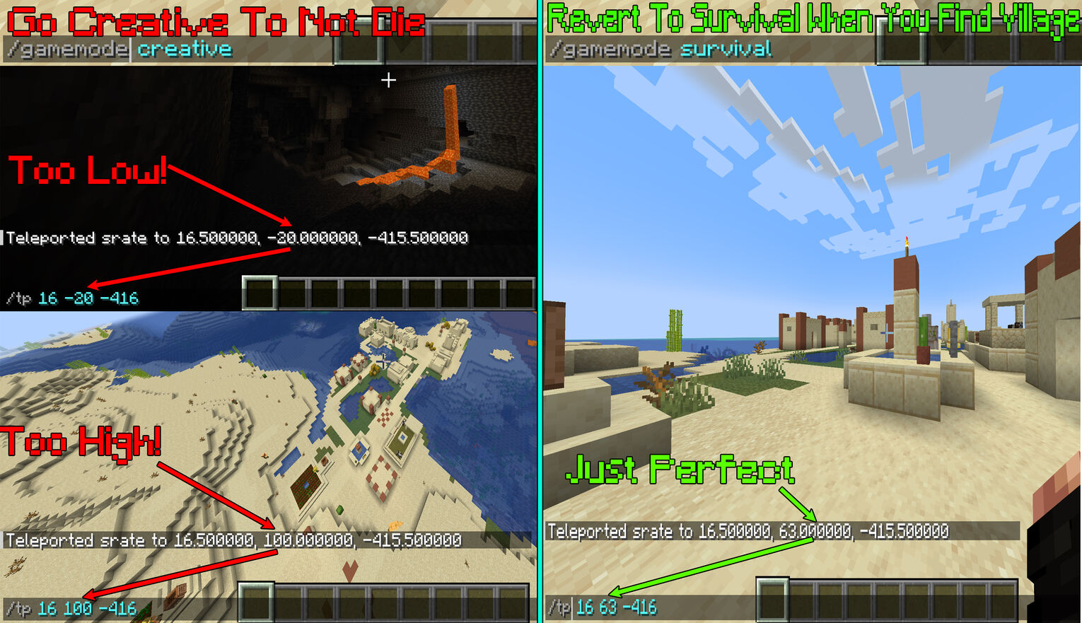 Minecraft Y Coordinate Teleport and Gamemode Commands to Village