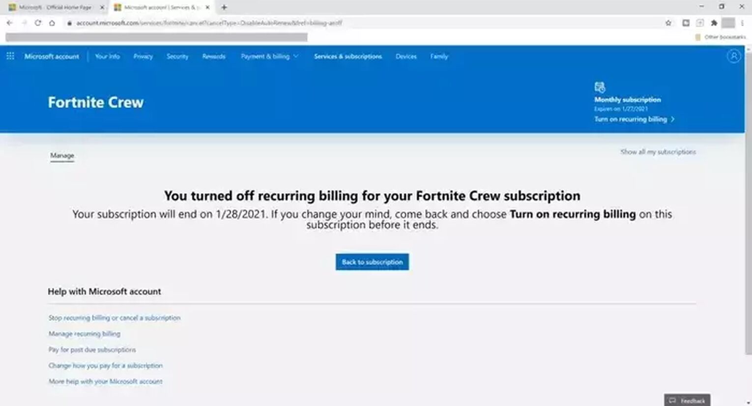 Cancel Fortnite Crew Subscription on Xbox