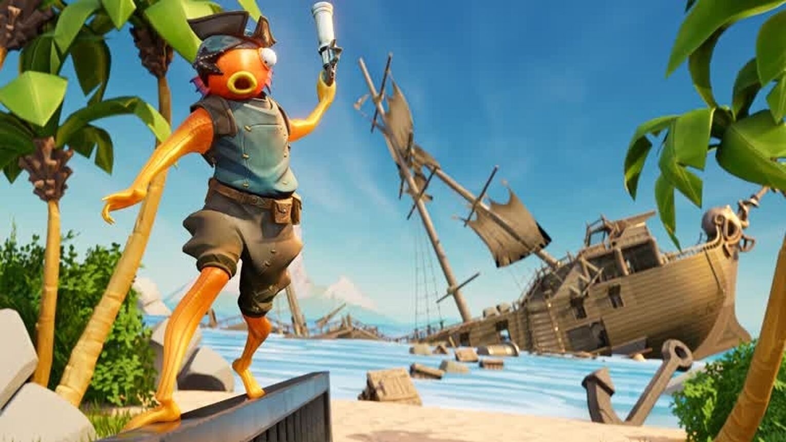 Fishstick posing in front of sinking ship