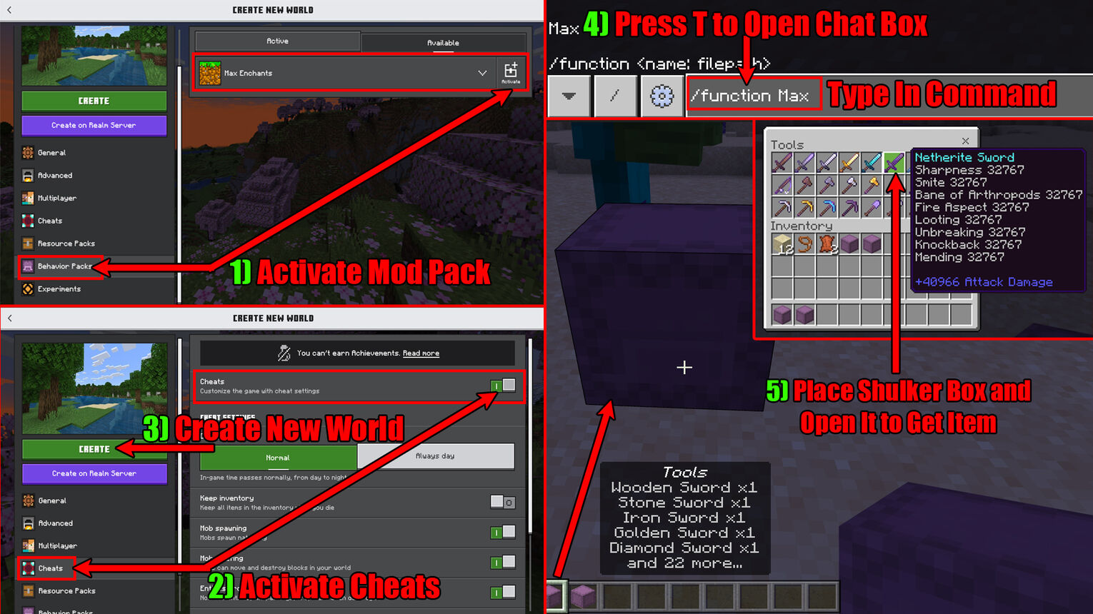 Minecraft Bedrock How to Get Sharpness 1000 Enchanted Items with Mod