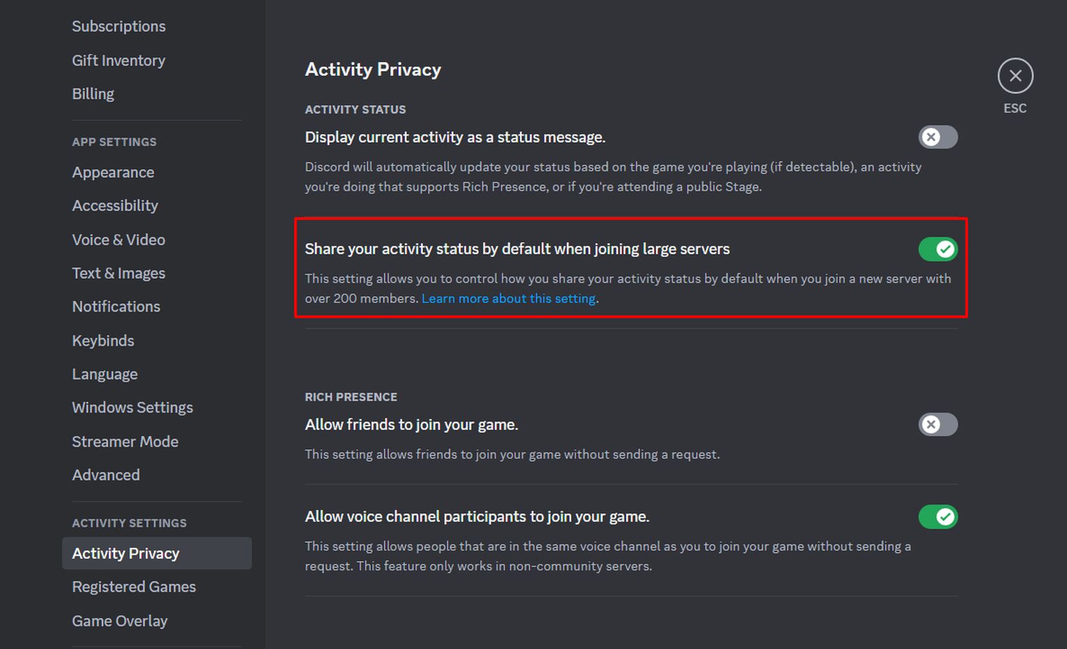 Share your activity status by default when joining large servers