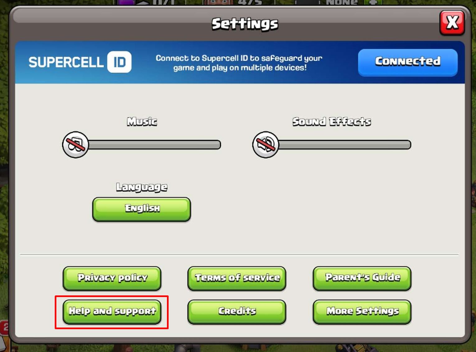 “Help And Support” Settings Menu In Clash Of Clans