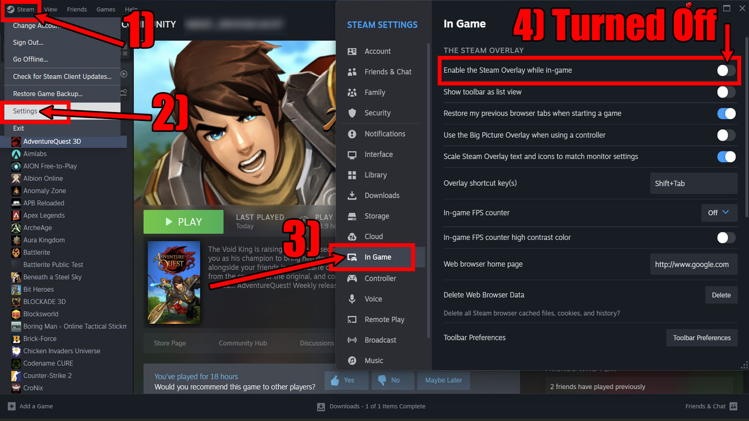 Steam How to Disable Overlay for All Games