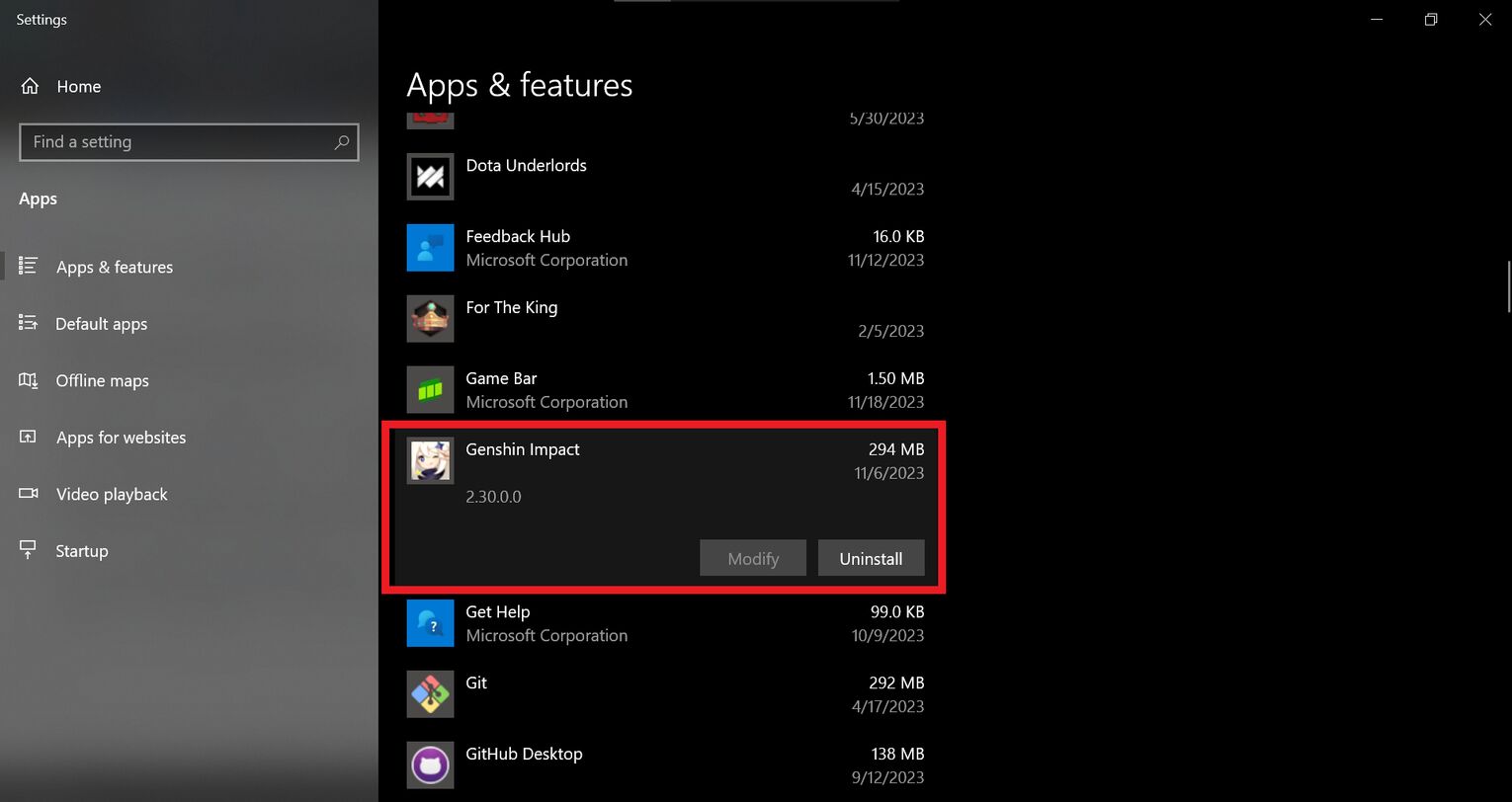 Locate Genshin Impact and click on Uninstall on the Apps and Features window