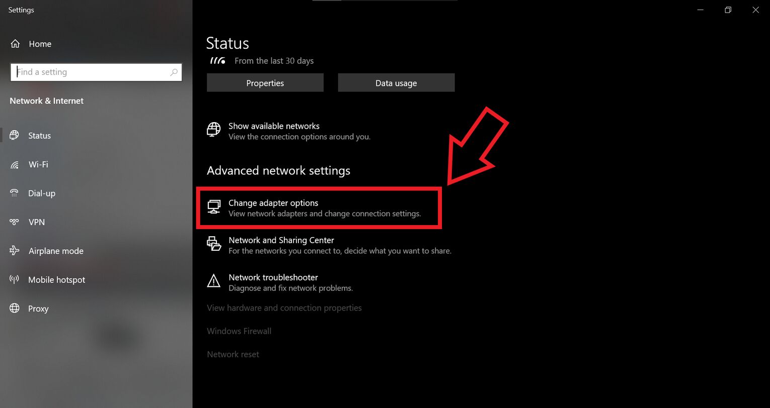 Click on Change Adapter Options in Network and Internet Settings