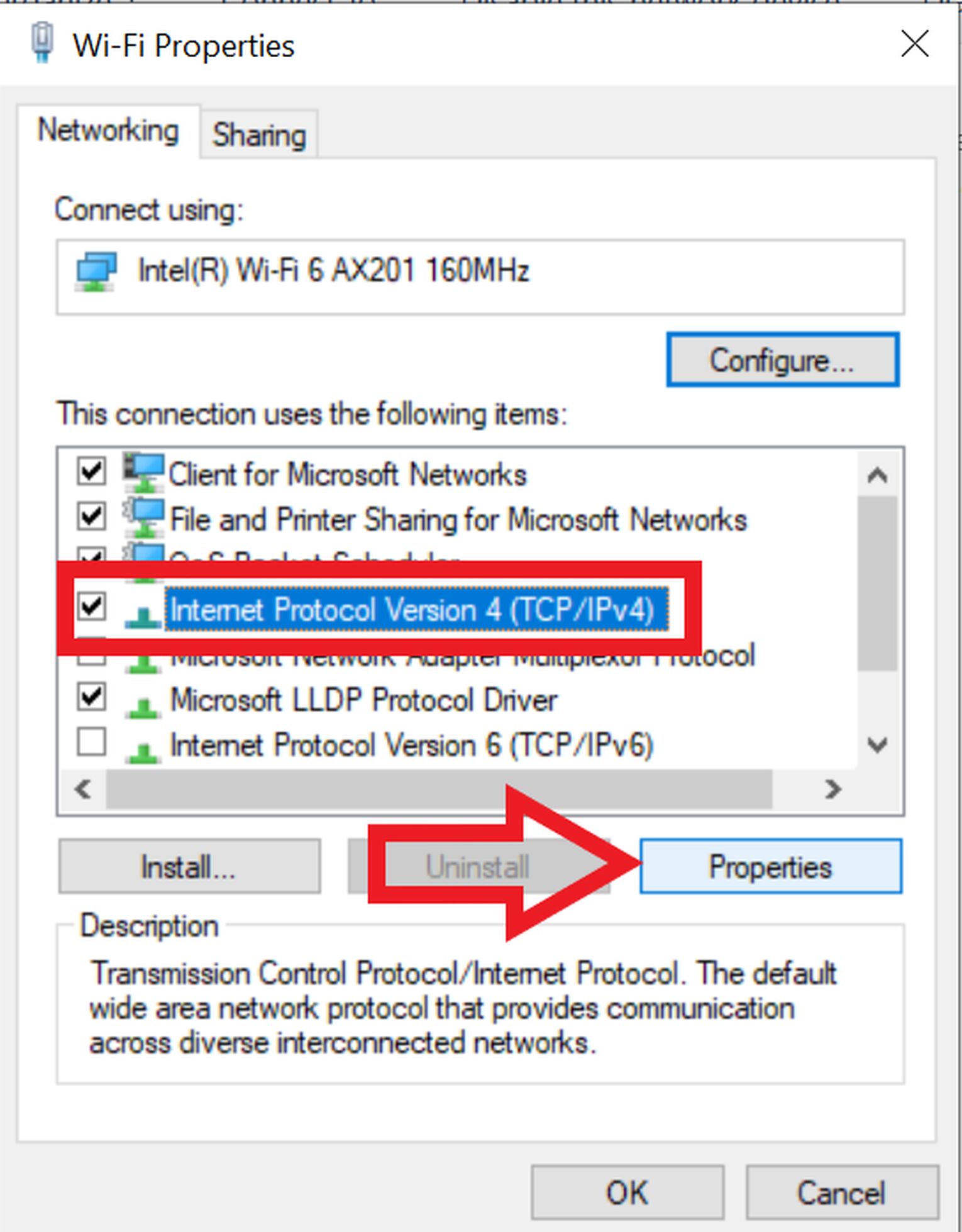 Selecting Internet Protocol Version 4 Properties to Access DNS Server Addresses change