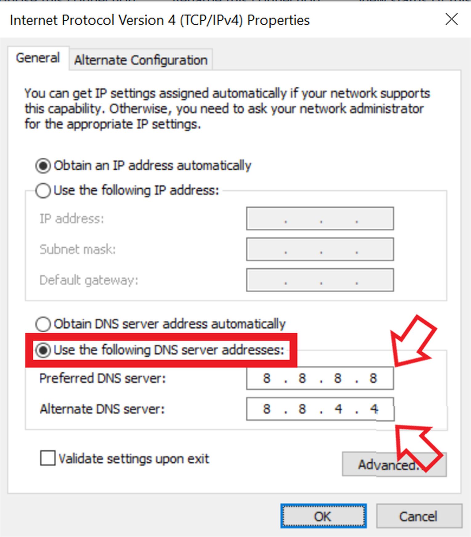 Entering Preferred and Alternate DNS Server Addresses for Downloading Genshin Impact