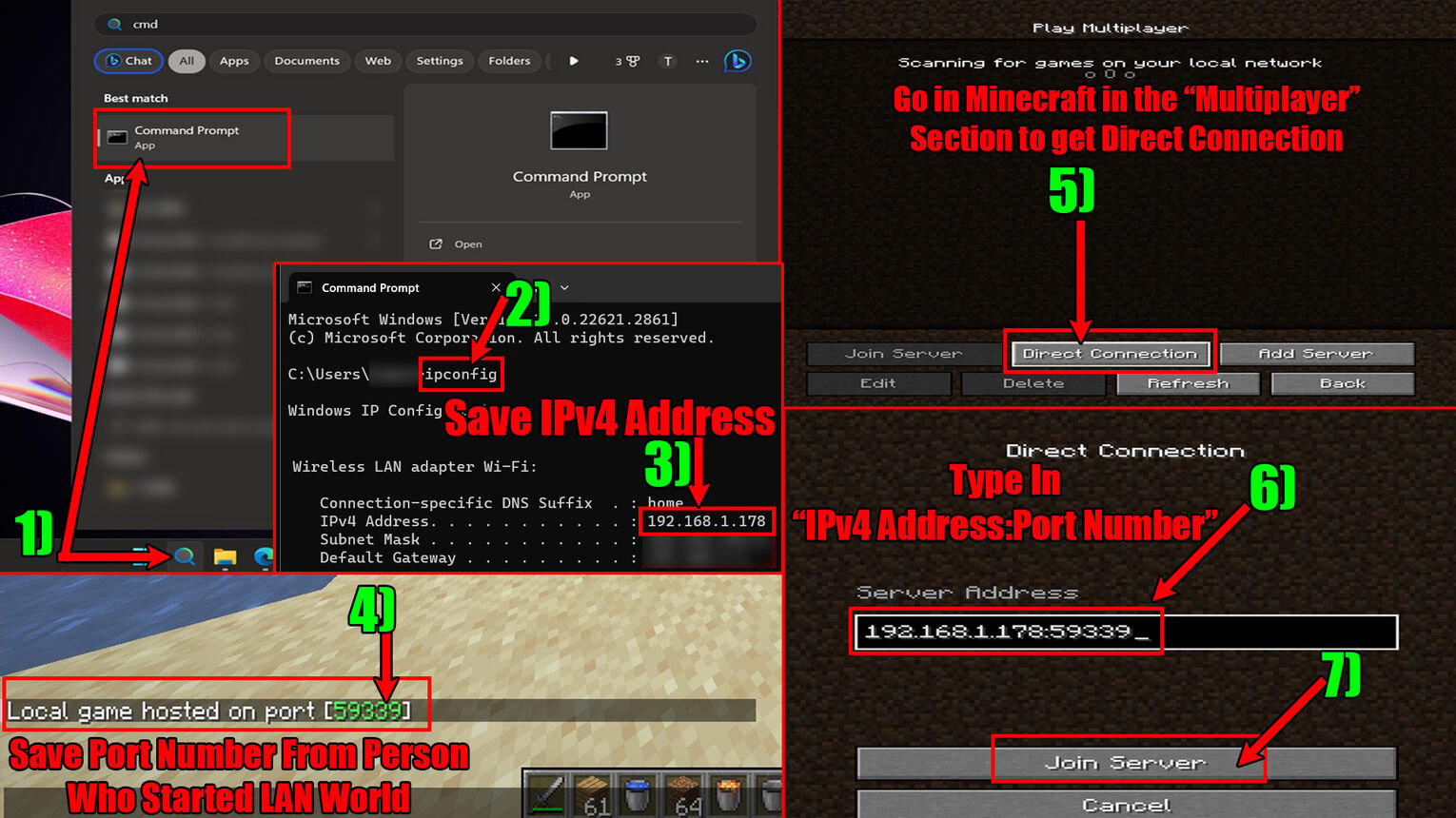 Minecraft Join LAN World Using IP Address and Port Number Java Edition
