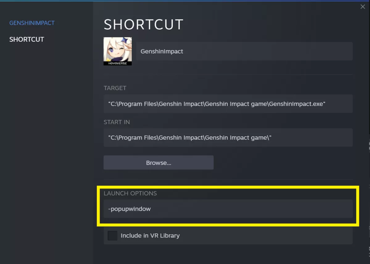 Adding popupwindow mode to Steam Genshin Impact Shortcut