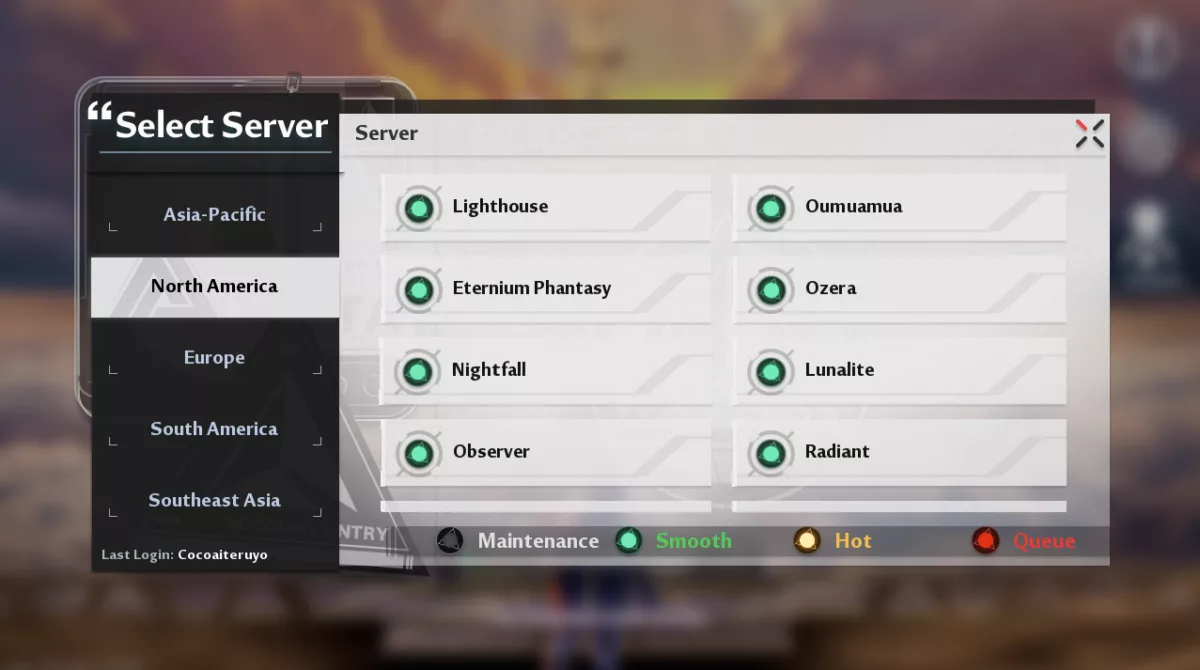 Server selection screen in Tower of Fantasy PC and mobile.
