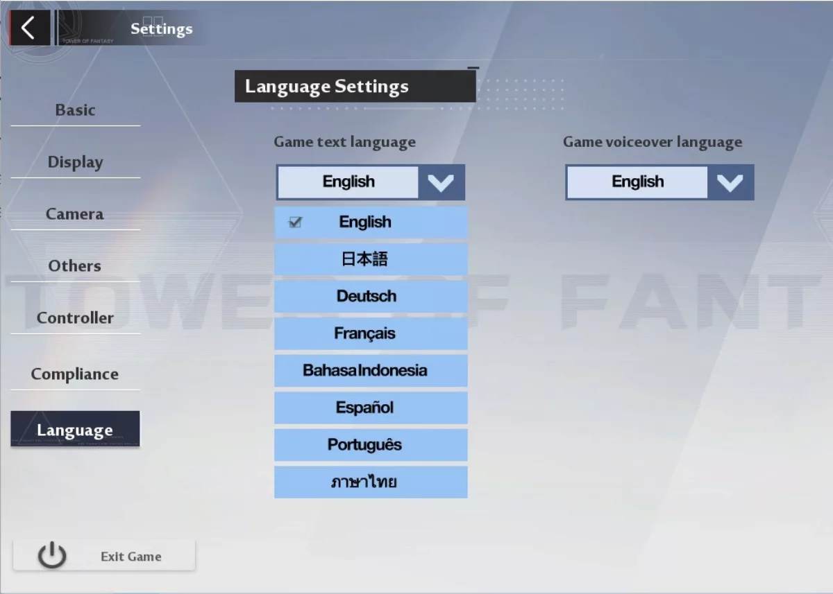 Where to change the text language in Tower of Fantasy.