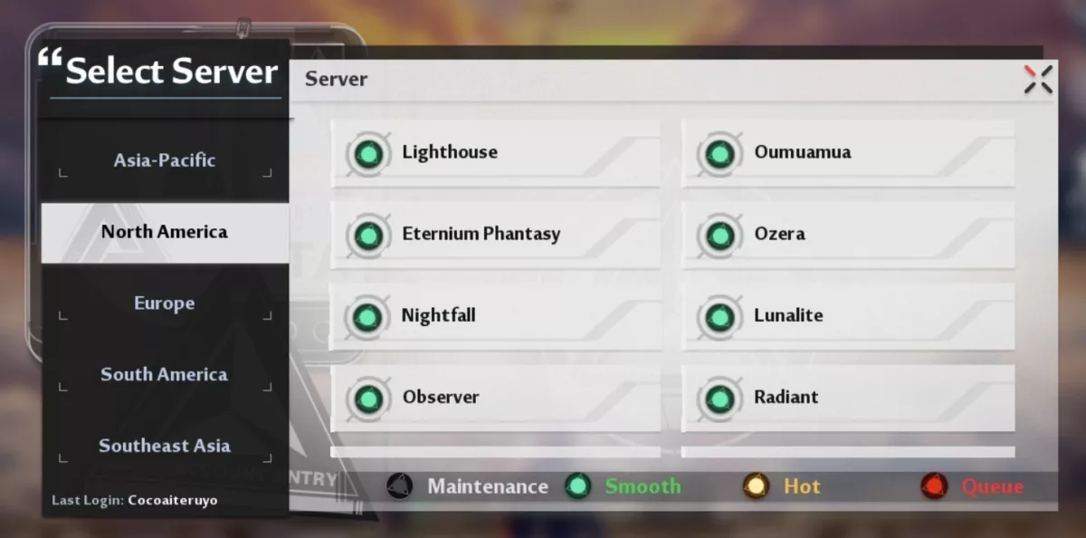 Servers list menu in Tower of Fantasy