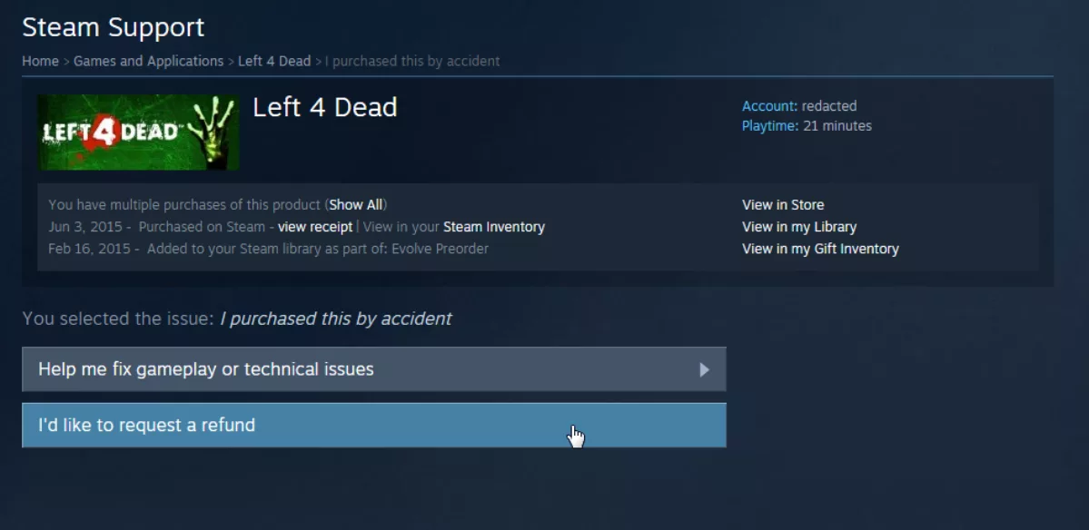Steam purchase I'd like a refund
