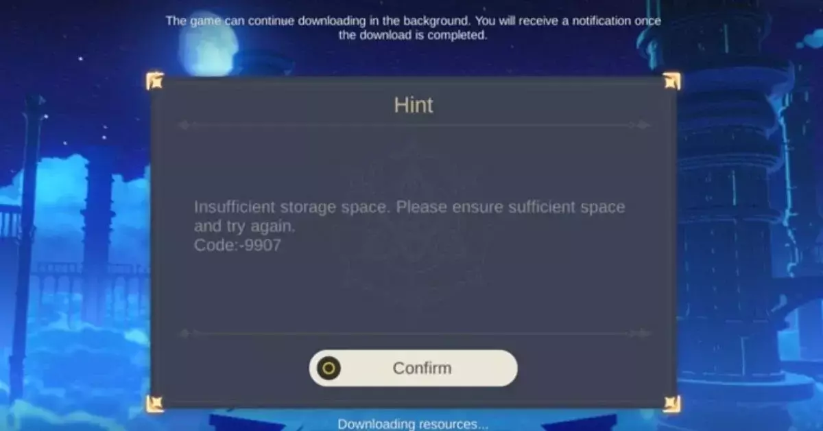 Error 9907 Insufficient Storage Space