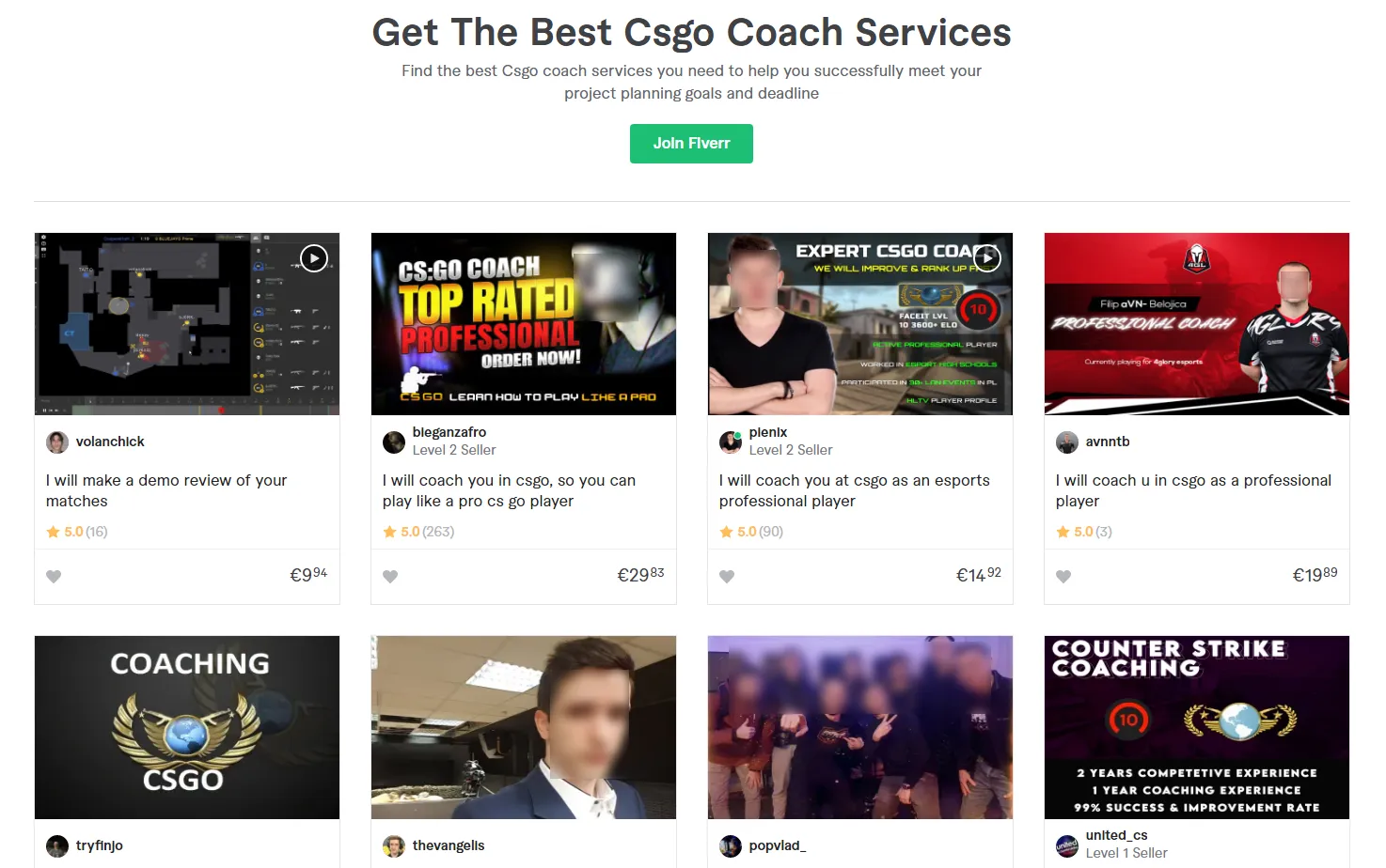 Some of the CS:GO coaching gigs found on Fiverr.