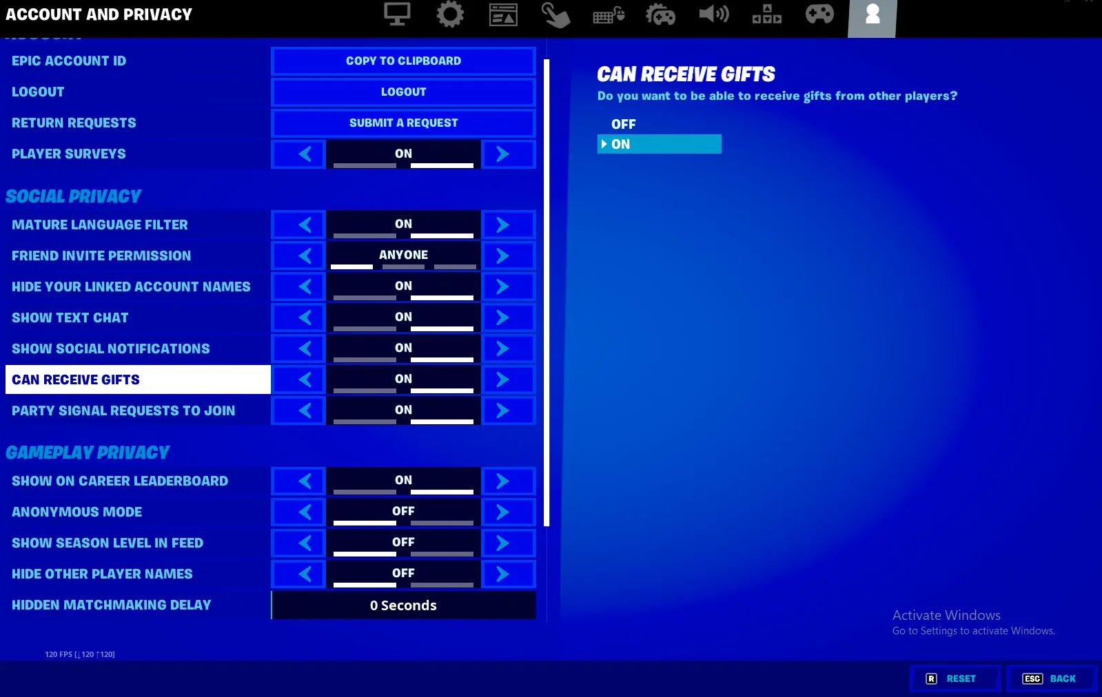 Can Receive Gifts Setting