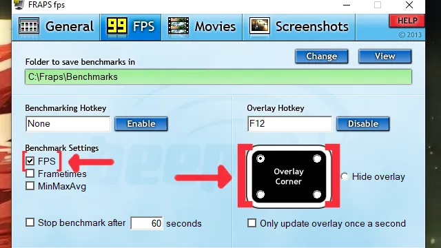 FRAPS FPS check box and Overlay Corner guide