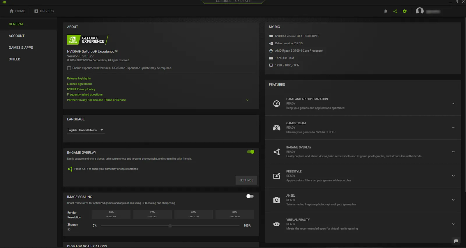 GeForce Experience user interface.
