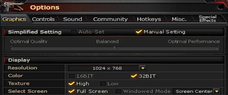 Crossfire graphic settings select screen option