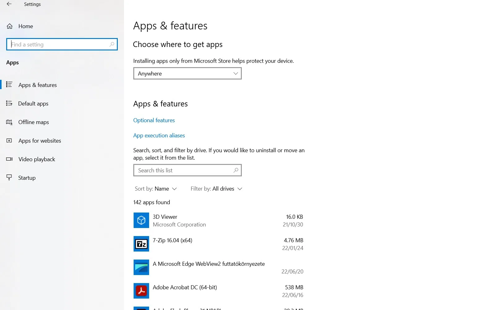 Apps&Features menu on Windows 10