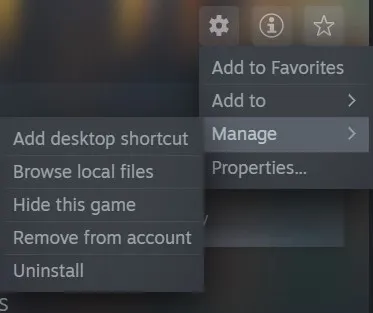 Steam Manage menu with Uninstall and remove options.