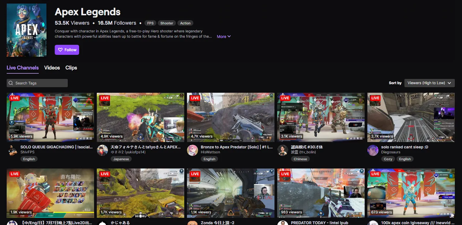 Apex Legends has over 16.5 million followers on Twitch, with hundreds of thousands active viewers, so good luck with that.