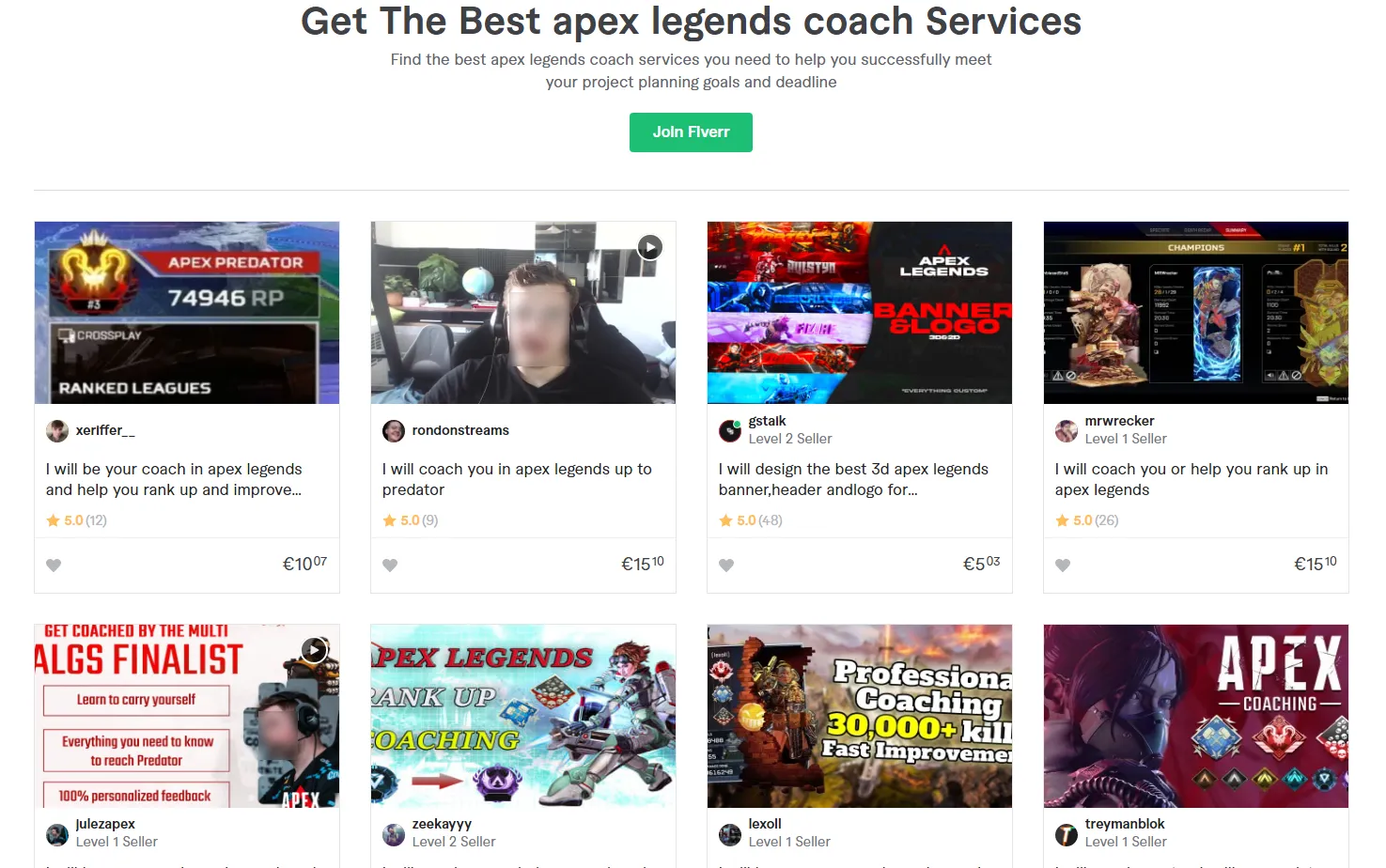 Some of the Apex Legends coaching gigs on Fiverr.