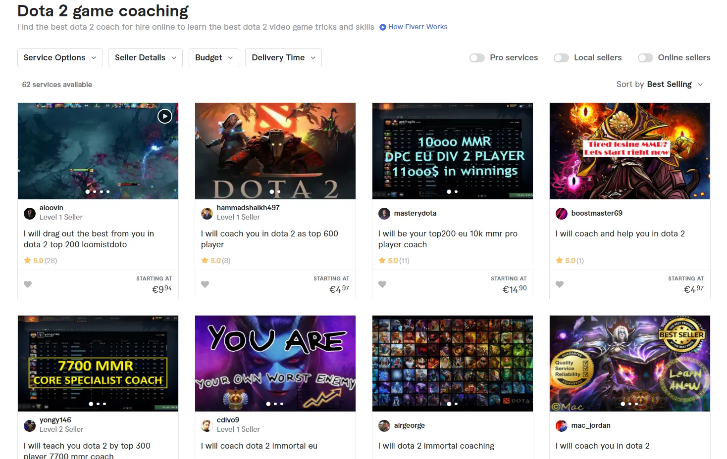 Dota 2 coaching gigs offered on Fiverr.