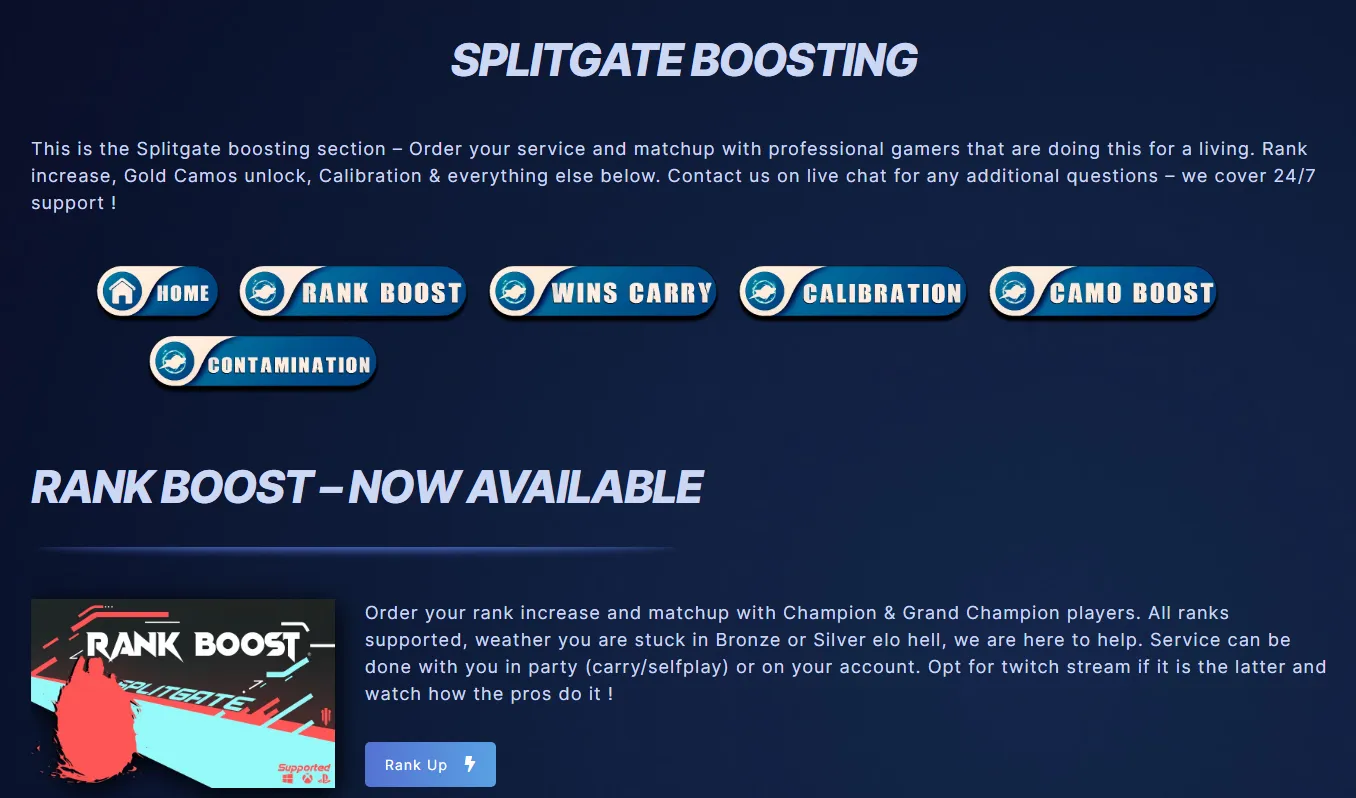 An example of specialized game-boosting website.