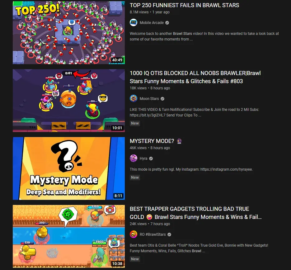 Some of Brawl Stars videos on YouTube.
