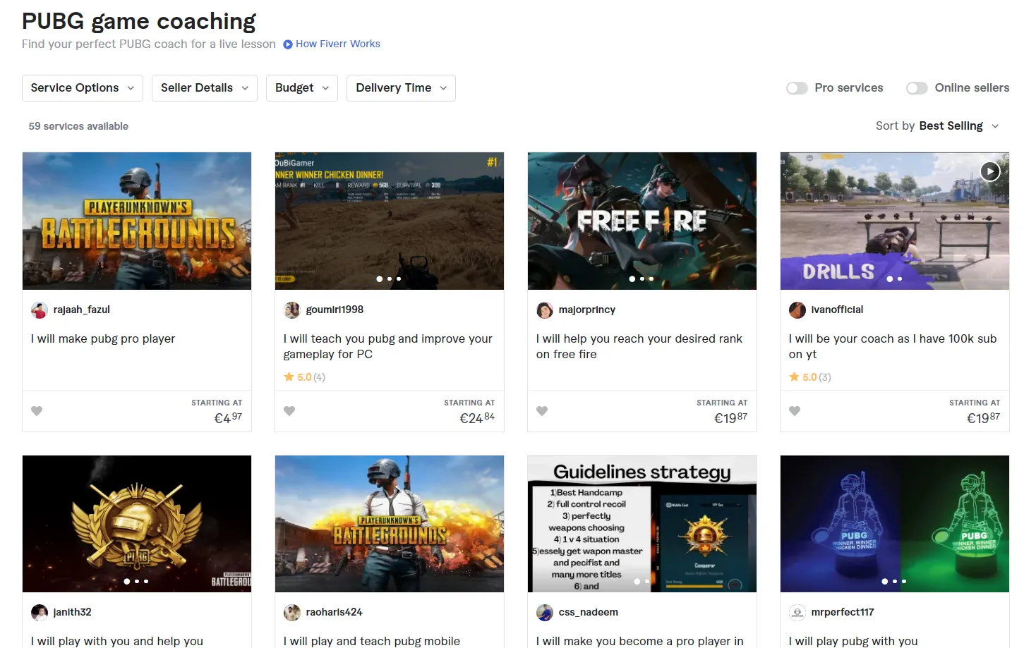 Some of the examples of PUBG coaching gigs on Fiverr.