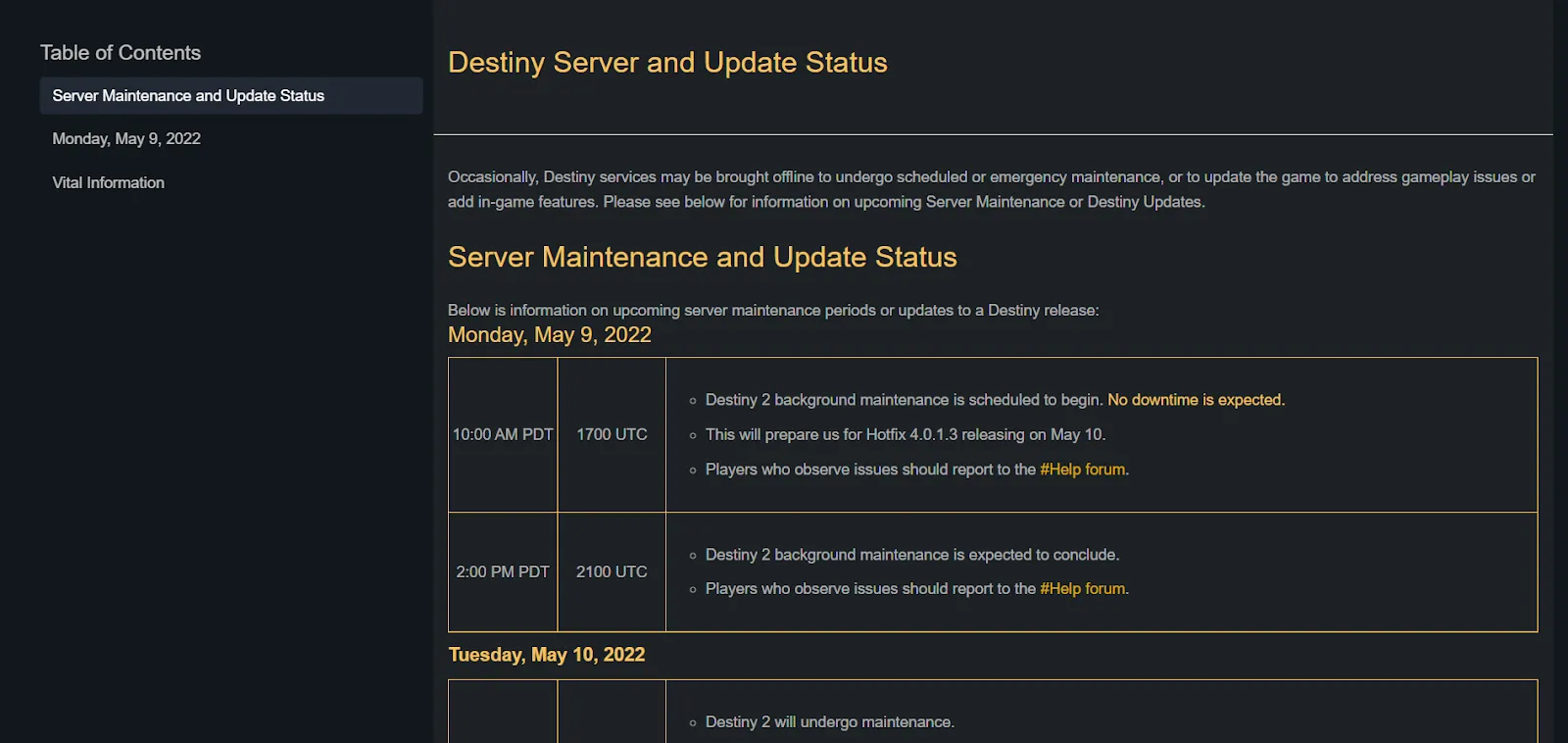 Destiny 2 maintenance schedule