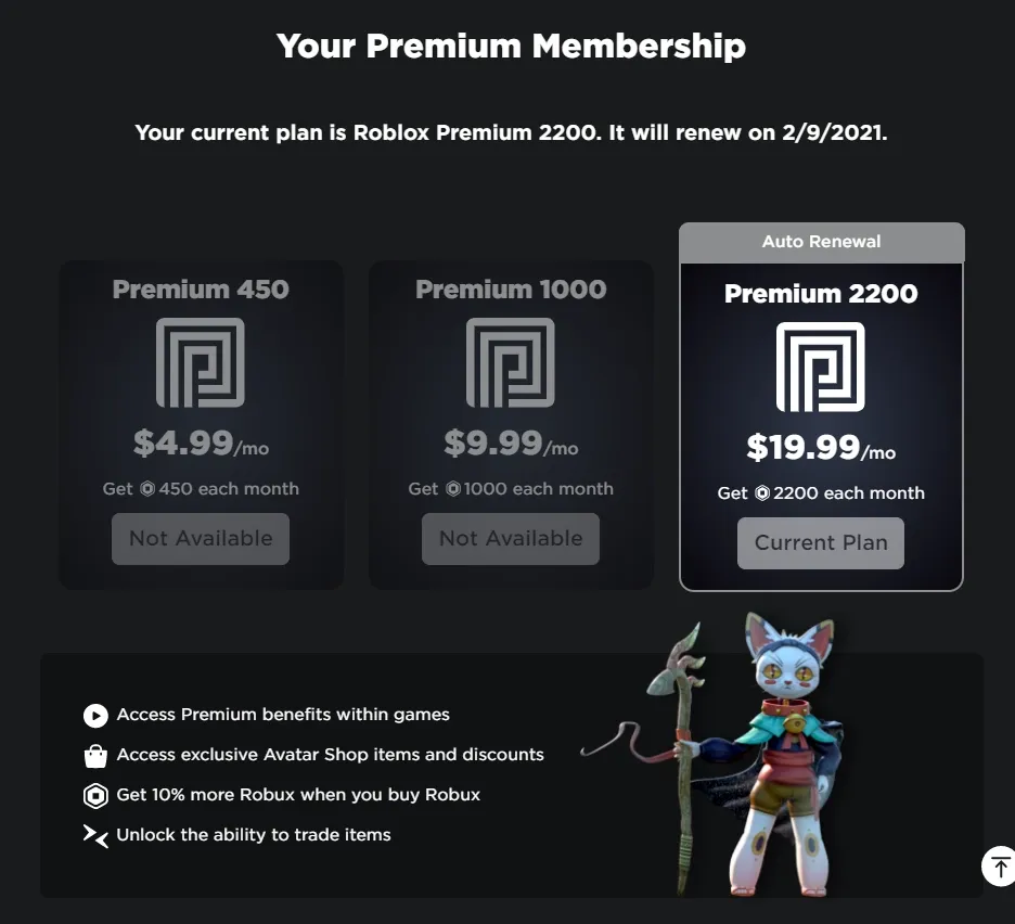 Roblox premium membership price list.