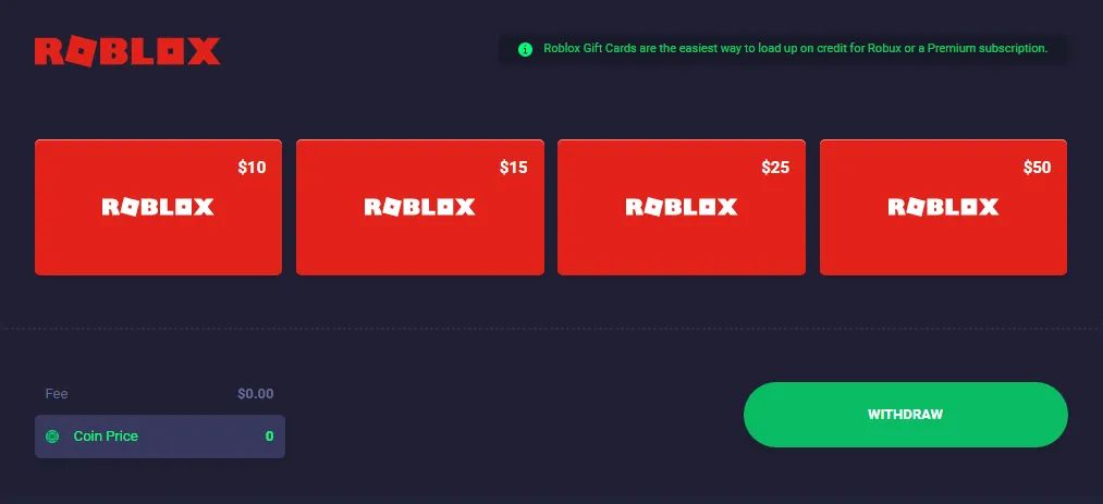 The Coin Price for each Roblox gift card is listed in the bottom left corner.