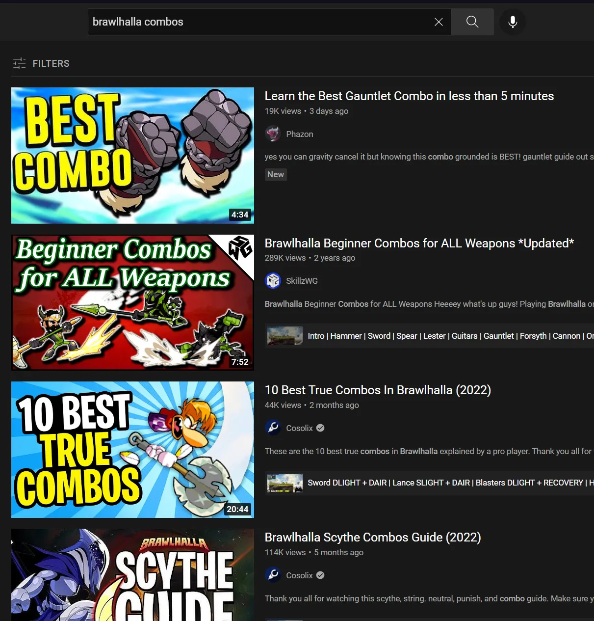 YouTube search for 'Brawlhalla Combos'
