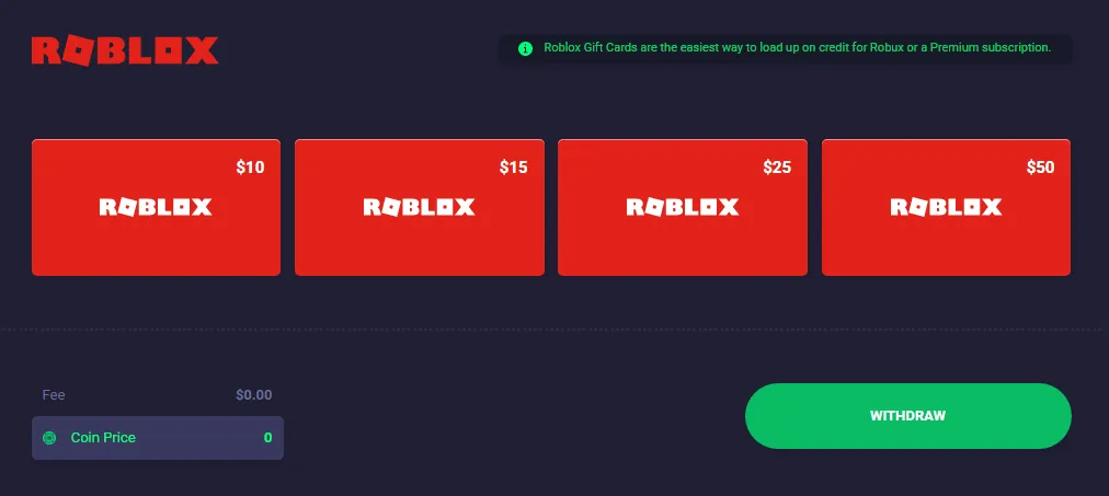 There are four available Roblox gift card denominations on Freecash, while there's only one available on Idle Empire.