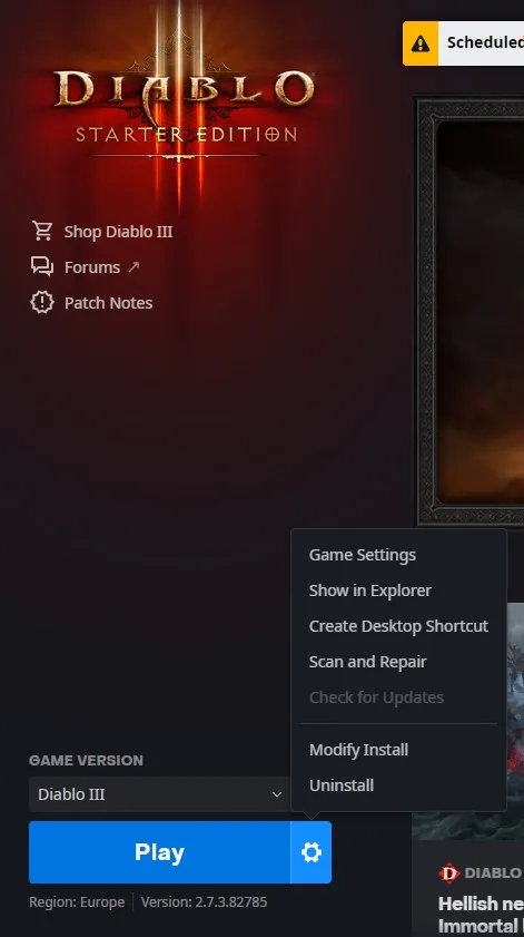 Diablo 3 uninstall in Battle.net launcher