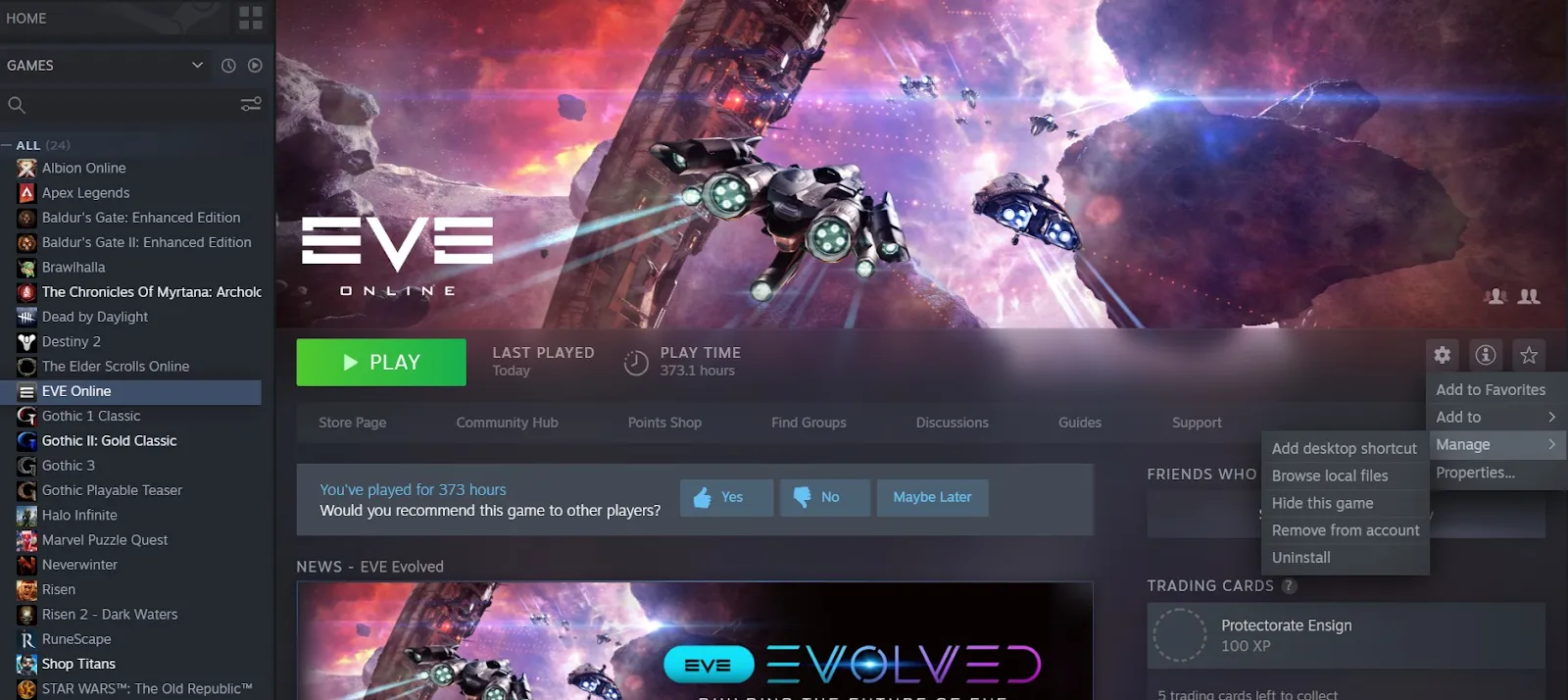 Uninstalling EVE Online using Steam