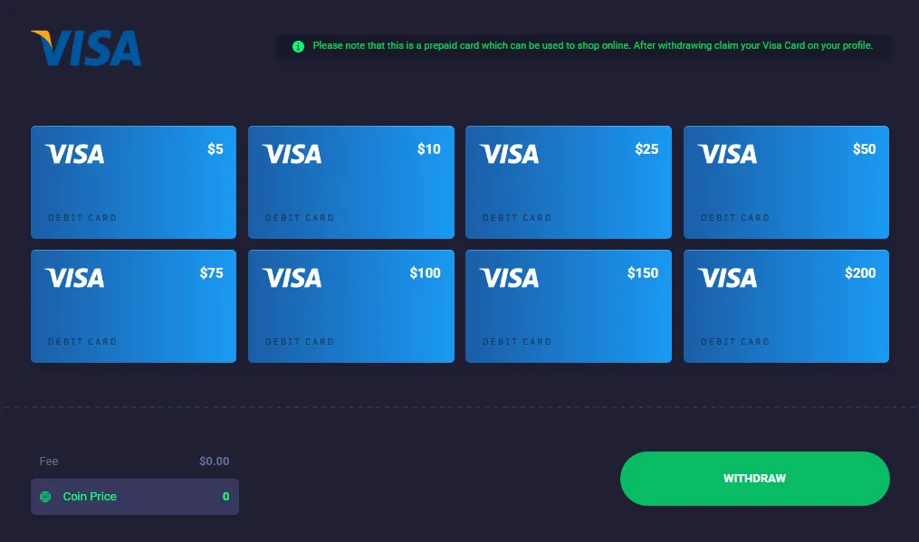 Visa has 8 available denominations, while most of the other options have only four.