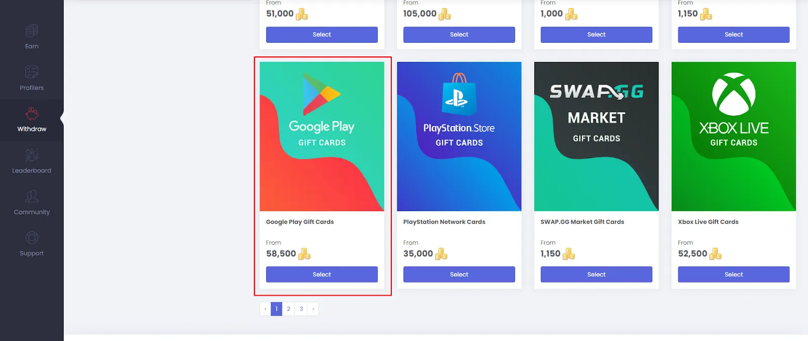 You'll find the Google Play gift card option at the bottom of first page.