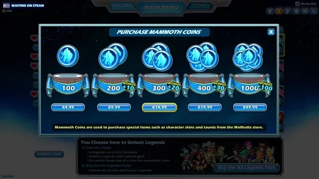 Notice the bonus Mammoth Coins that come with bigger bundles.
