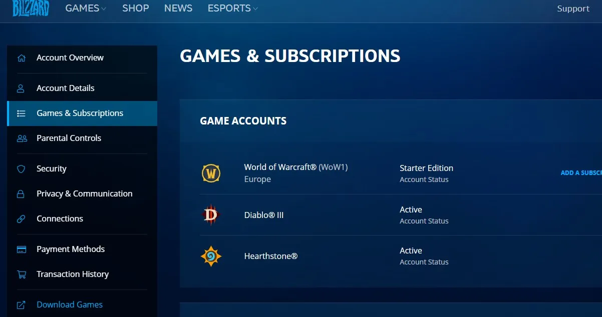 Battle.net games and subscriptions page