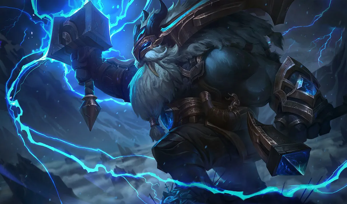 Ornn surrounding by blue lightning while holding his forge hammer to the skies.