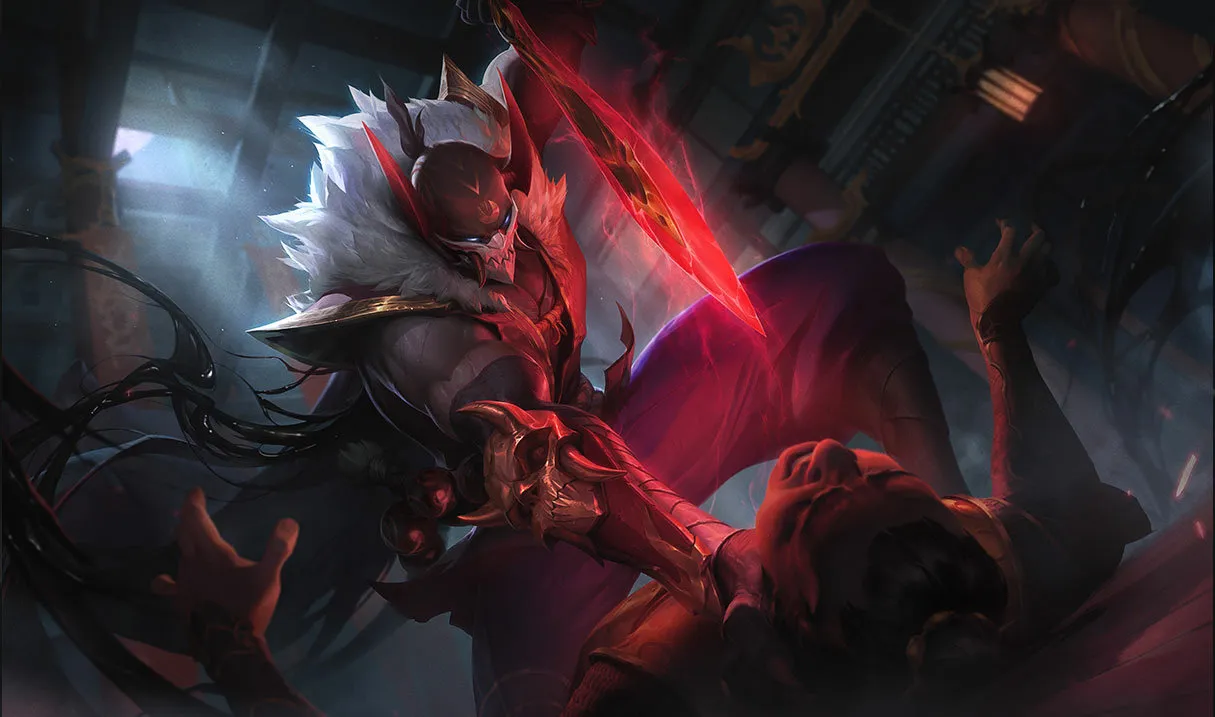 Pyke holding a knife at a guy's throat under the blood moon