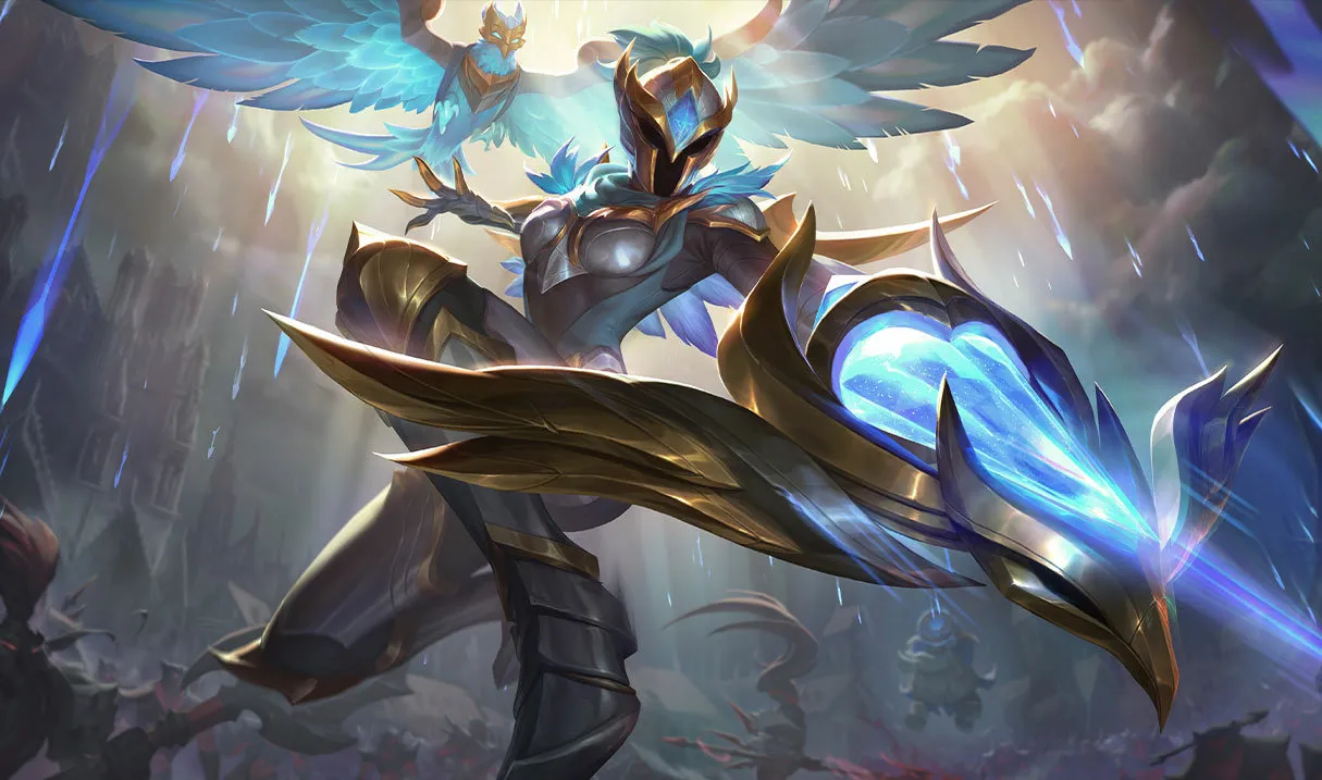 Quinn fully covered in a mystical armor set accompanies by a mystical Valor.