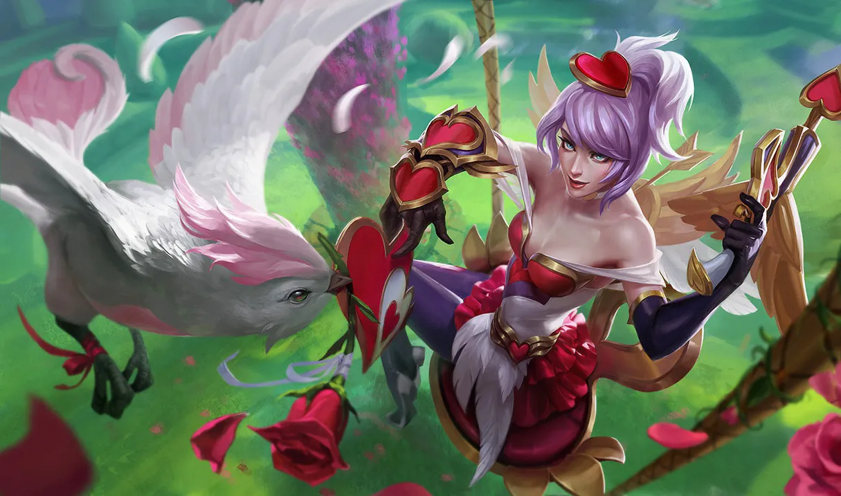Quinn and Valor depicted as Valentine sweethearts with a heart-themed costume.