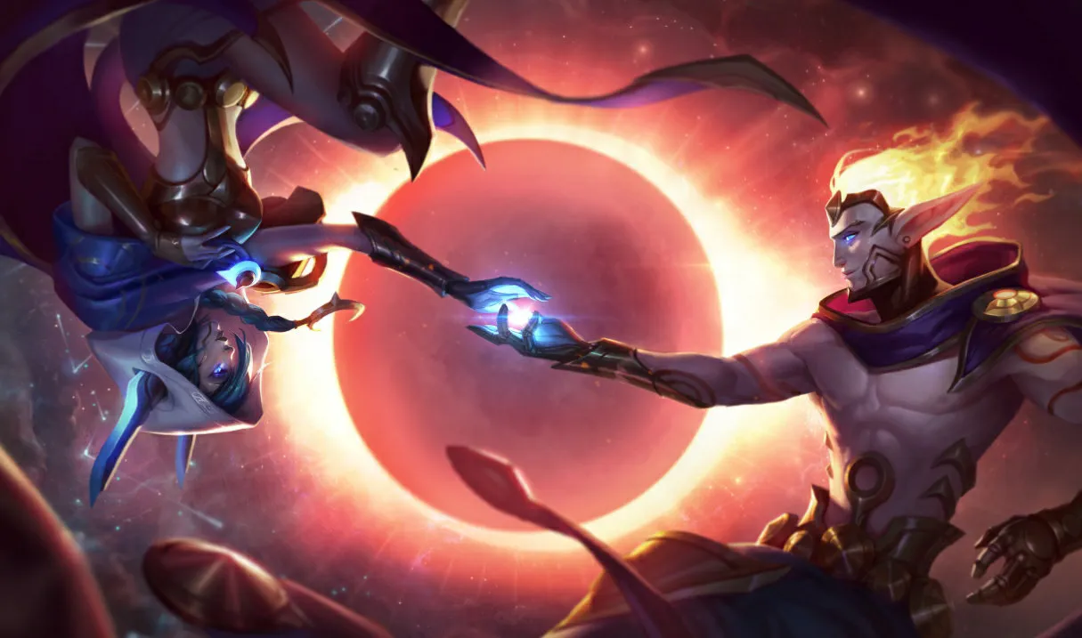 Rakan and Xayah in-space trying to hold each other's hand featuring the Cosmic Dawn skins
